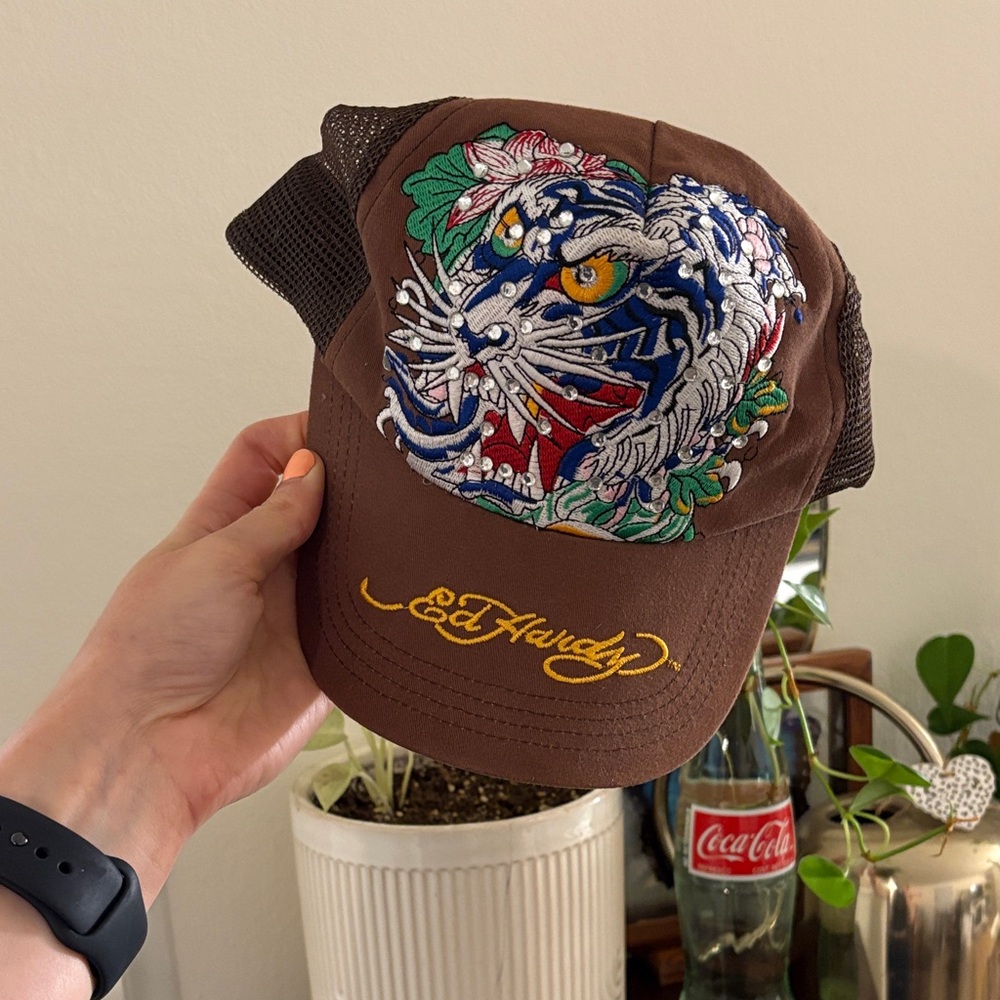 Vintage Ed Hardy Brown Cap with Vibrant Tiger Design